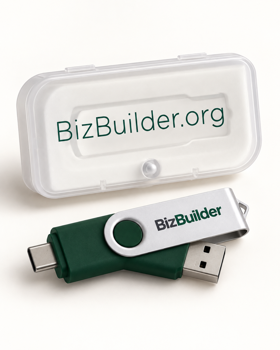 BizBuilder USB drive with USB-A and USB-C connectors beside its case